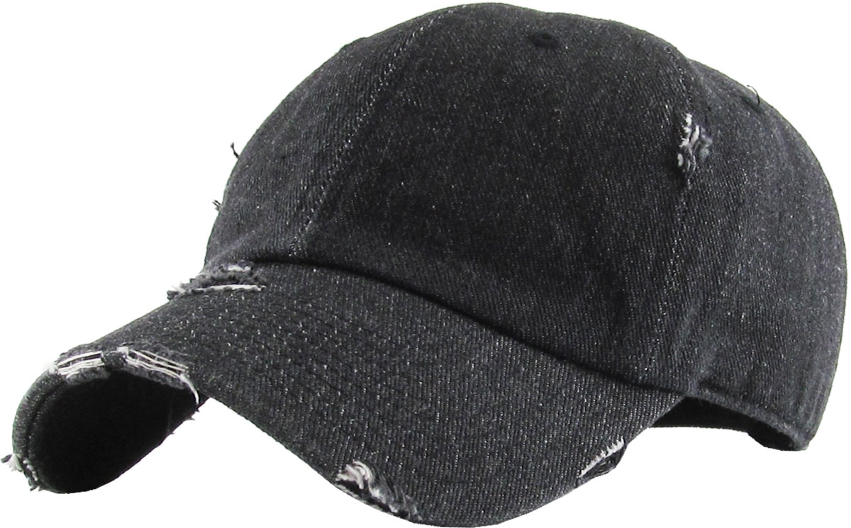 Black Denim Distressed Vintage Baseball Cap Front Side View